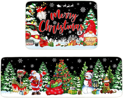 Set of two Christmas-themed placemats with Santa Claus, snowmen, and trees on a black background.