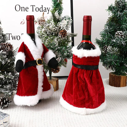 Two wine bottles in Santa Claus costumes with Christmas trees in the background.