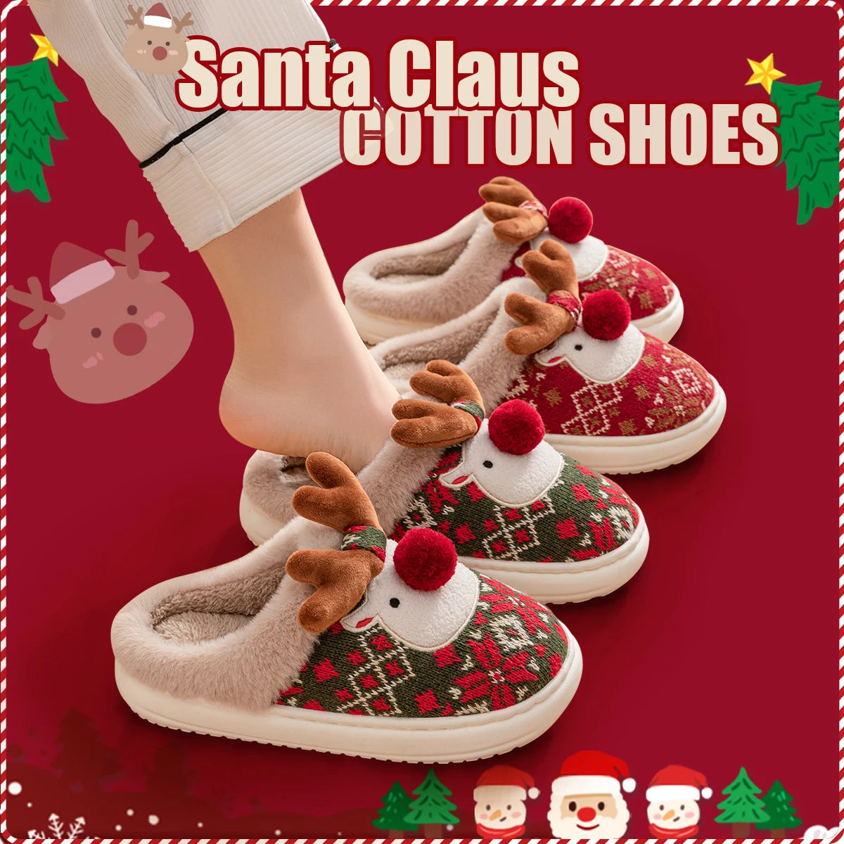Santa Claus cotton shoes with reindeer design on a red background