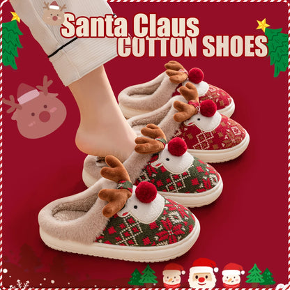 Santa Claus cotton shoes with reindeer design on a red background