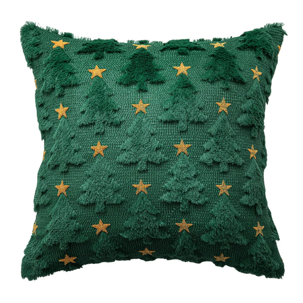 Green pillow with gold star patterns on a white background