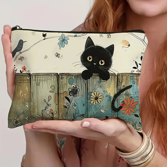 Black Cat Floral Zipper Pouch