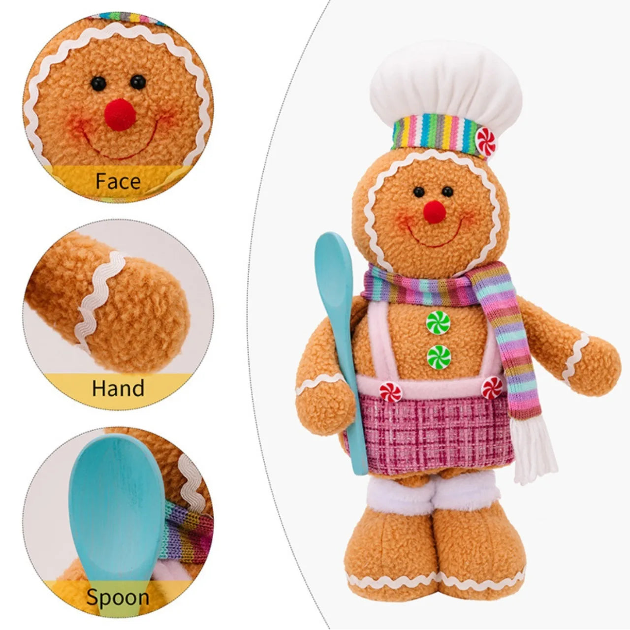 Gingerbread man plush toy with detachable face, hand, and spoon on a white background