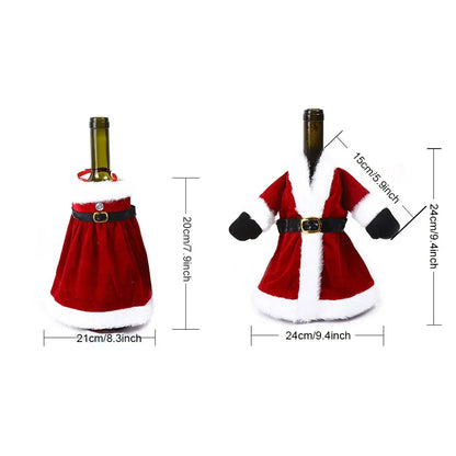 Two Santa Claus-themed wine bottle covers with measurements on a white background