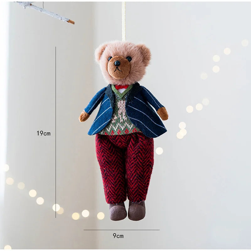 Teddy bear ornament in a suit with measurements on a light background