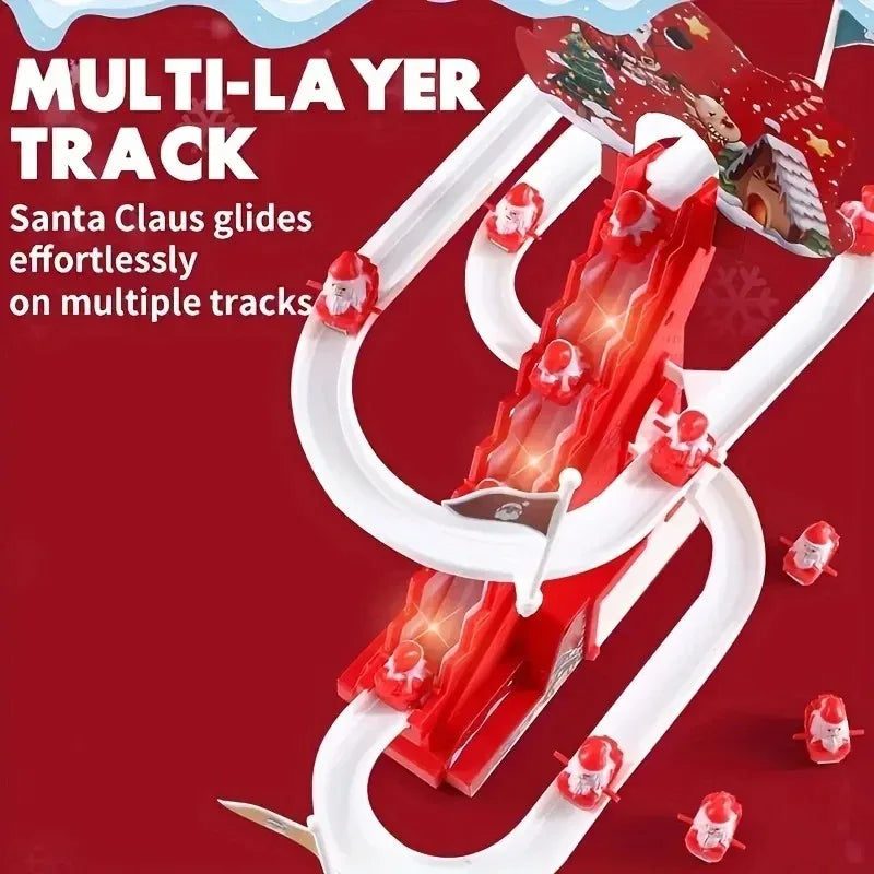 Toy track set with Santa Claus figure on a red background, featuring text about a multi-layer track.