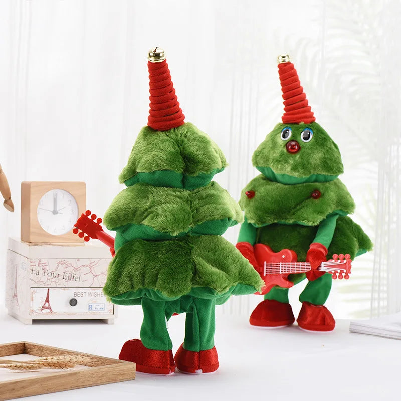 Two plush toys resembling a Christmas tree and a guitar player on a white surface.