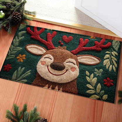 Decorative doormat with a reindeer design on a wooden floor.