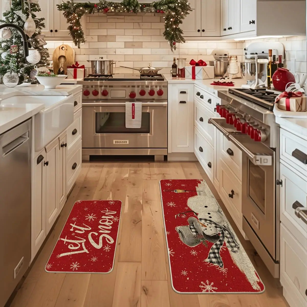 Decorative Christmas kitchen mats with snowman and 'Let It Snow' text on a wooden floor.
