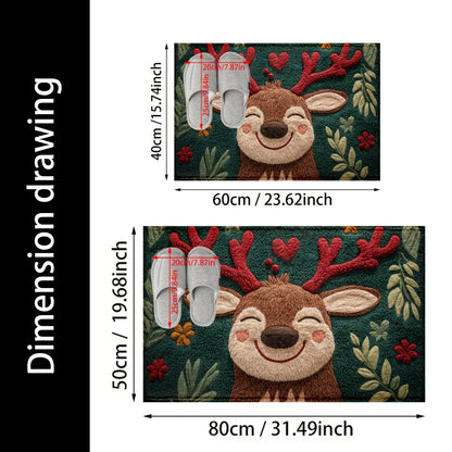Dimensions of a cartoon deer rug with floral patterns and measurements.