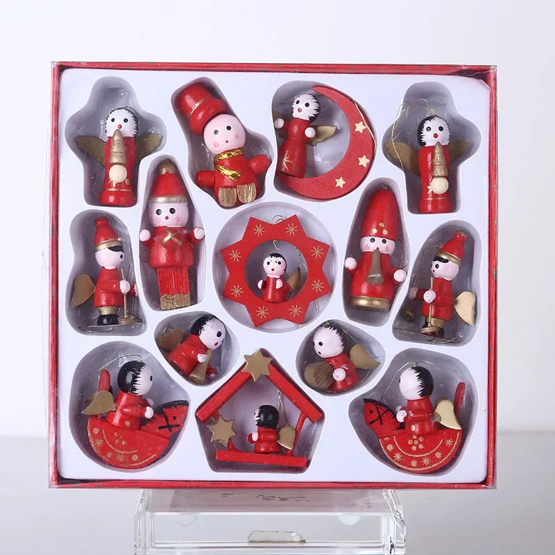 Set of red and gray decorative figures in a box on a white background