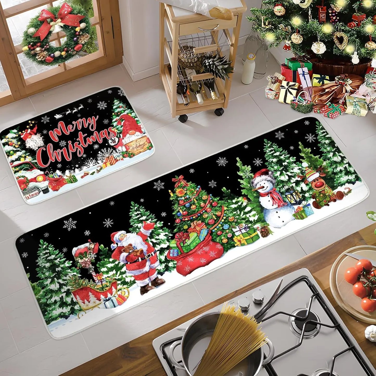 Set of Christmas-themed mats on a kitchen floor with festive decorations.