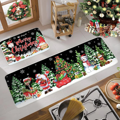 Set of Christmas-themed mats on a kitchen floor with festive decorations.