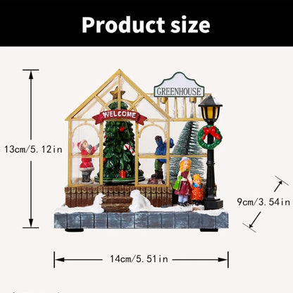 Decorative scene with a greenhouse, Christmas tree, and people, labeled with dimensions.