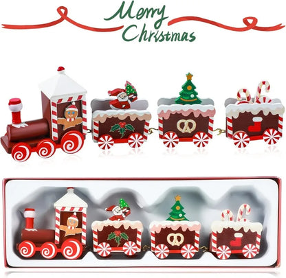 Christmas train ornament set with decorative elements in a box, featuring 'Merry Christmas' text above.
