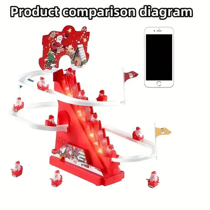 Red toy track with Santa Claus figures and a smartphone on a white background