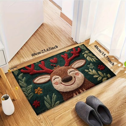 Doormat with a reindeer design on a wooden floor next to a white vase and gray slippers.