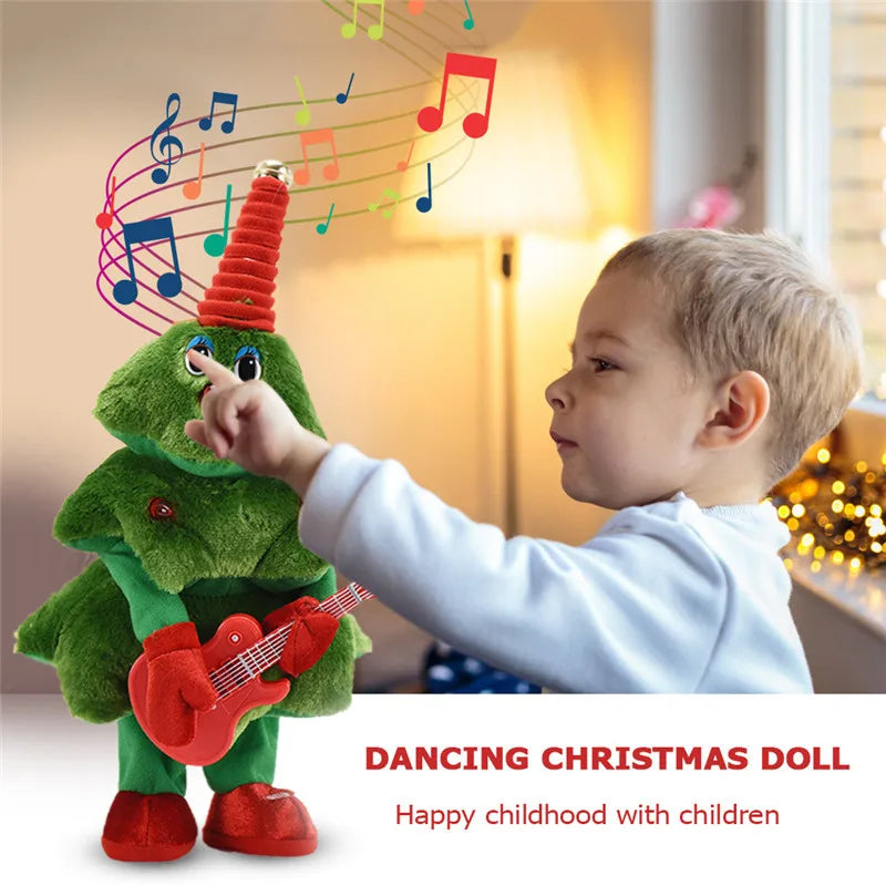 Child playing with a dancing Christmas doll with musical notes above it, in a festive indoor setting.
