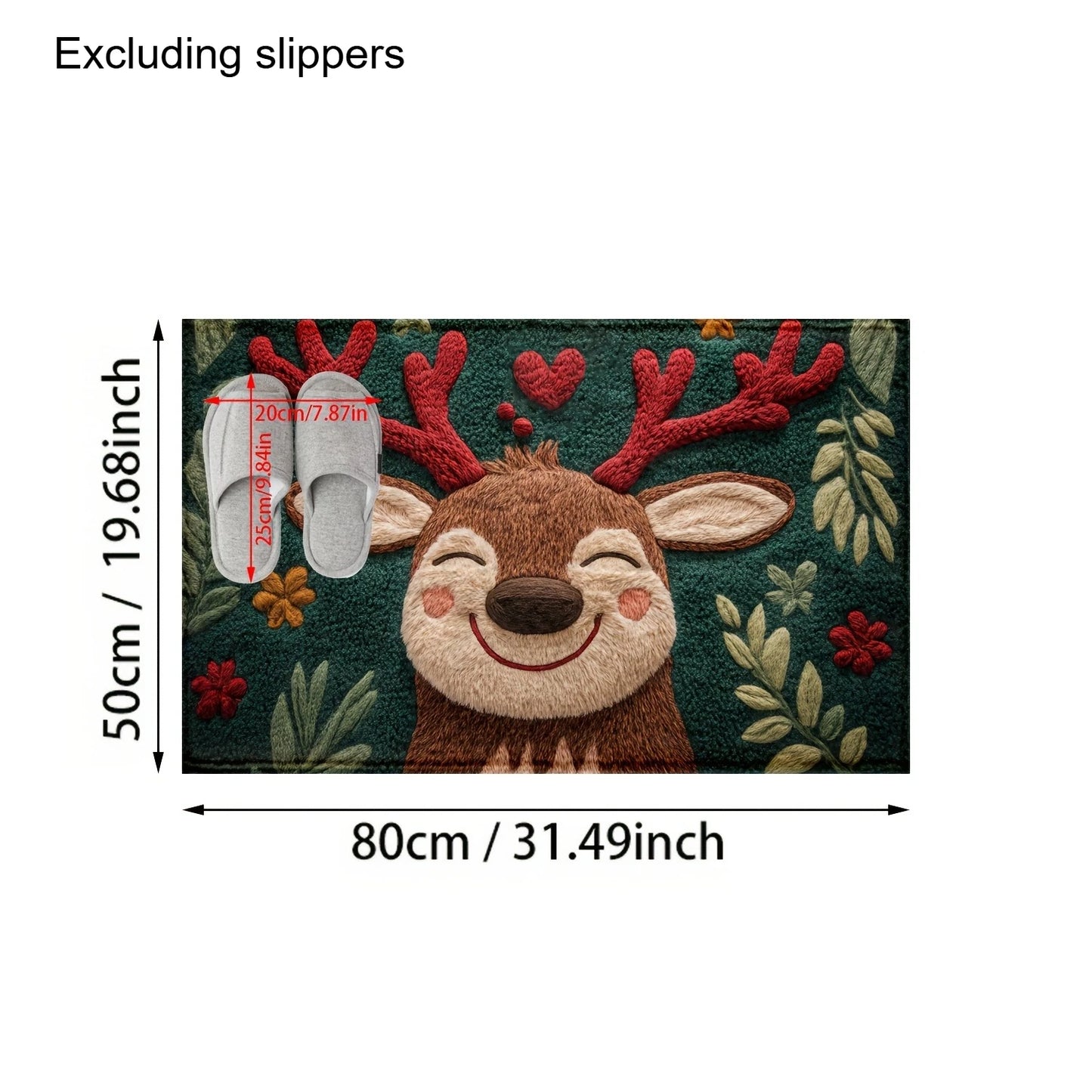 Doormat with reindeer design and measurements on a white background