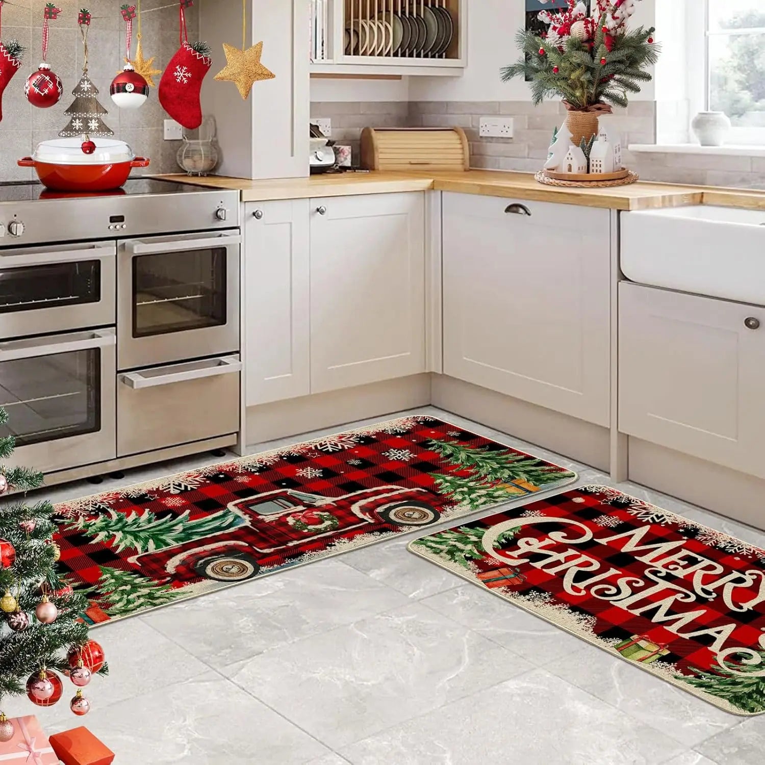 Kitchen with Christmas-themed decorative mats on the floor