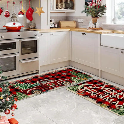 Kitchen with Christmas-themed decorative mats on the floor