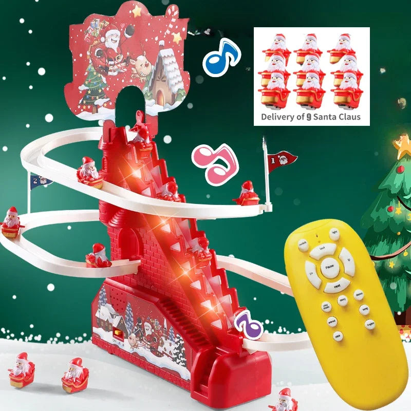 Toy Christmas set with red spiral track, Santa Claus figures, and remote control on a green background.