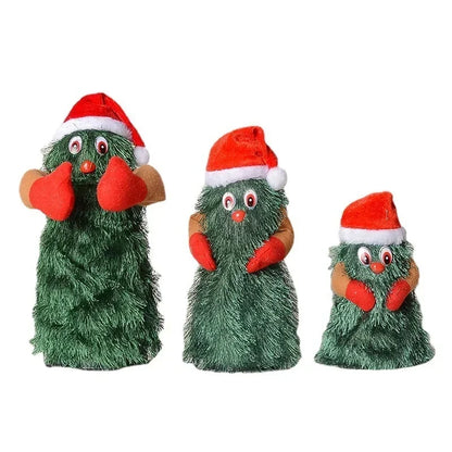 Set of three green Christmas tree-shaped figurines with red hats and brown bases on a white background.