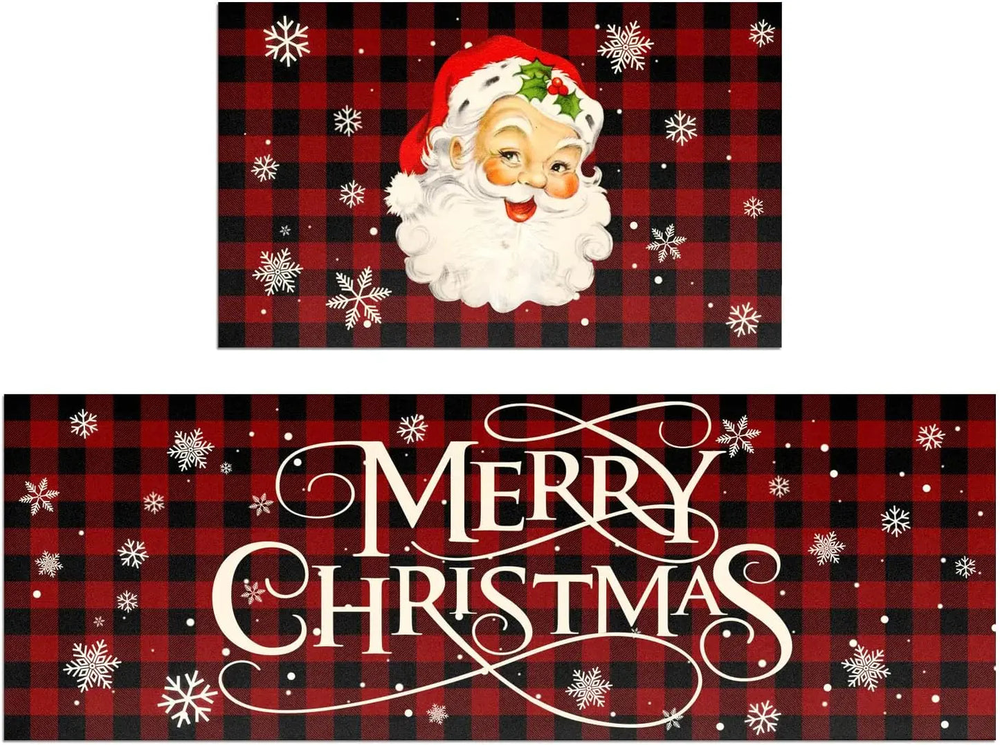 Two Christmas-themed items with Santa Claus and 'Merry Christmas' text on a red and black checkered background.