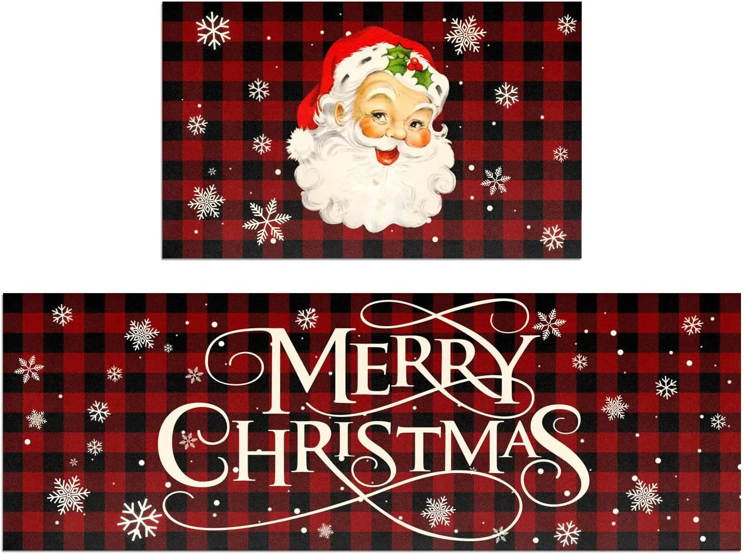 Two Christmas-themed items with Santa Claus and 'Merry Christmas' text on a red and black checkered background.