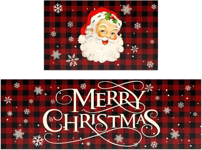 Two Christmas-themed items with Santa Claus and 'Merry Christmas' text on a red and black checkered background.
