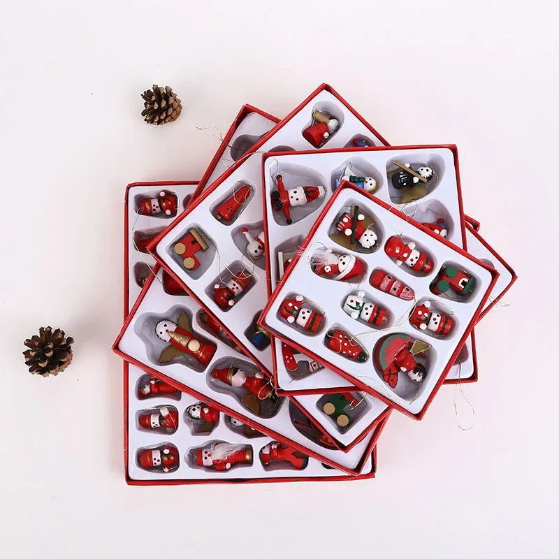 Stack of small gift boxes with Christmas-themed items on a white background