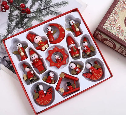 Set of red Christmas ornaments in a box with decorative background