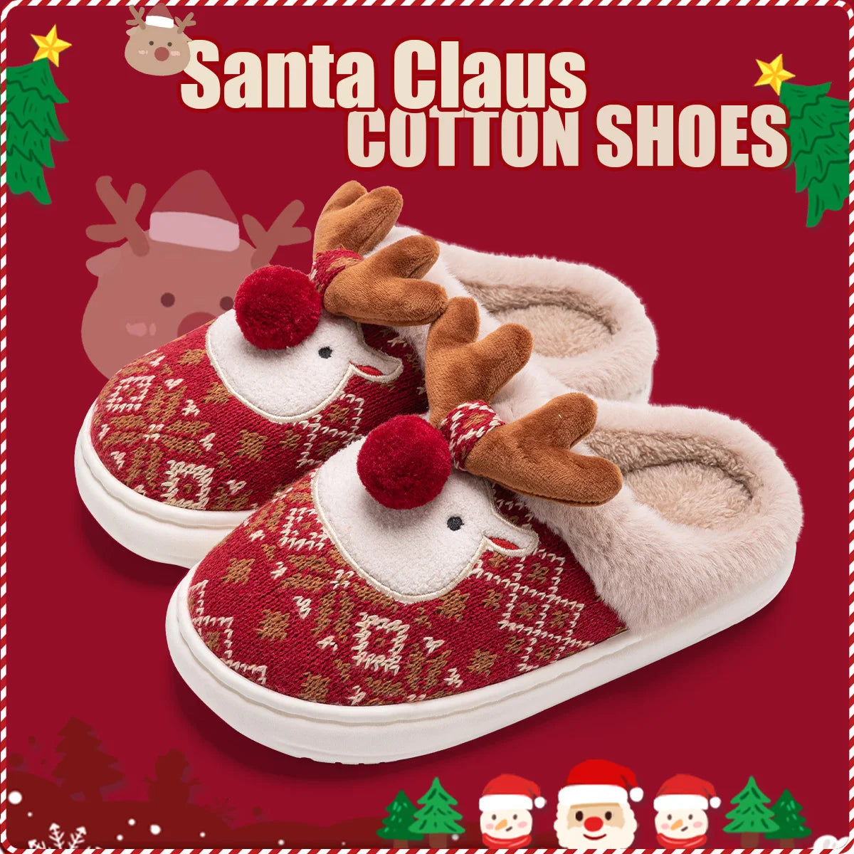 Santa Claus cotton shoes with reindeer design on a red background