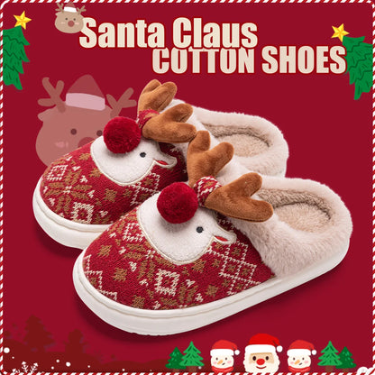Santa Claus cotton shoes with reindeer design on a red background