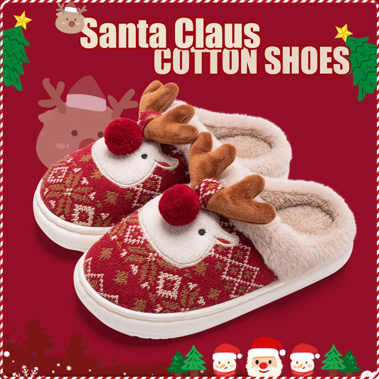 Santa Claus cotton shoes with reindeer design on a red background