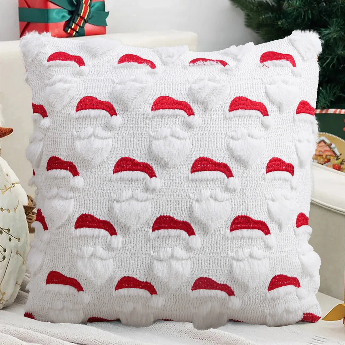 Decorative pillow with Santa hats pattern on a festive background