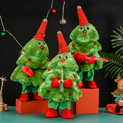 Three green plush Christmas tree toys with red hats and shoes on a black background.