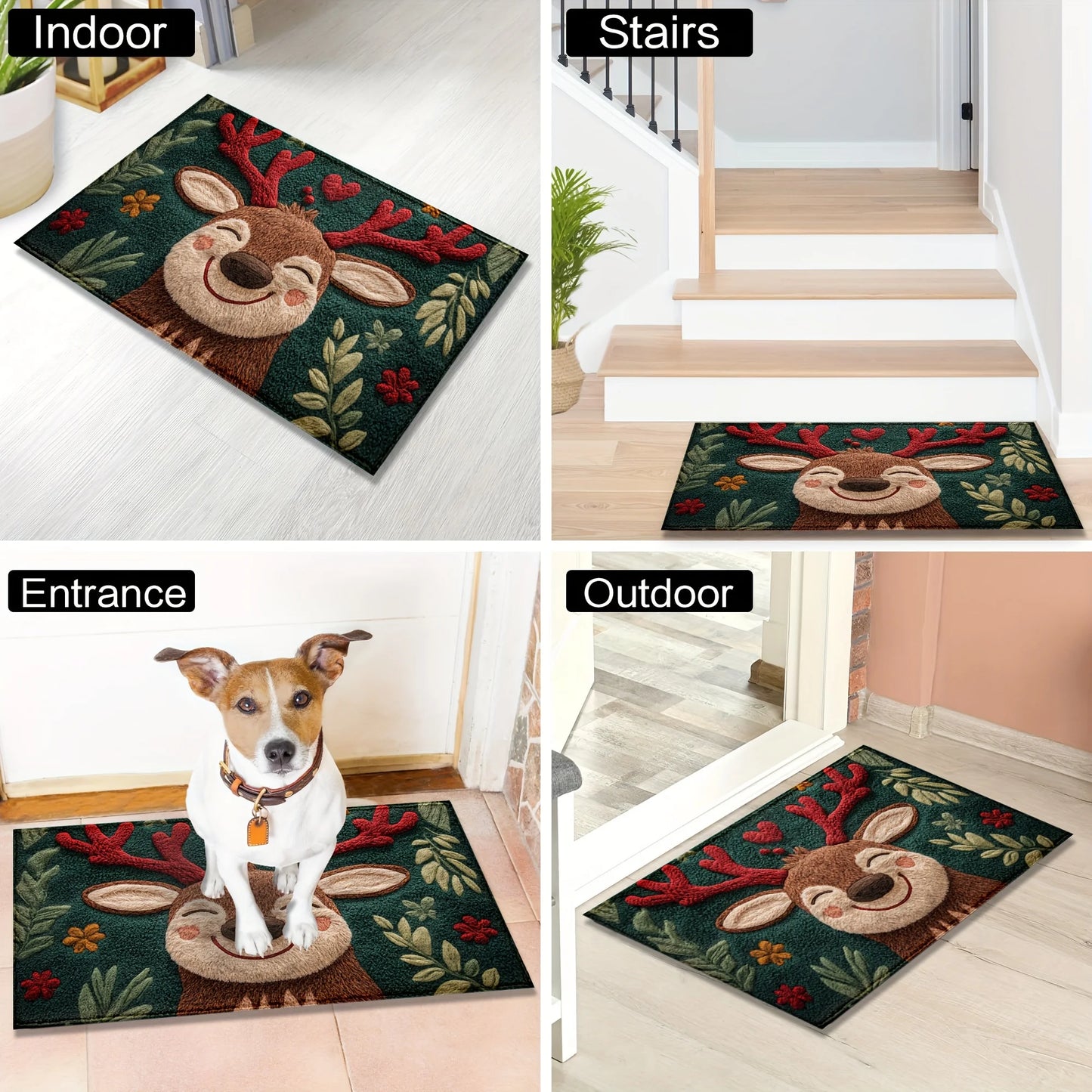 Deer-themed doormat shown in indoor, stairs, entrance, and outdoor settings.