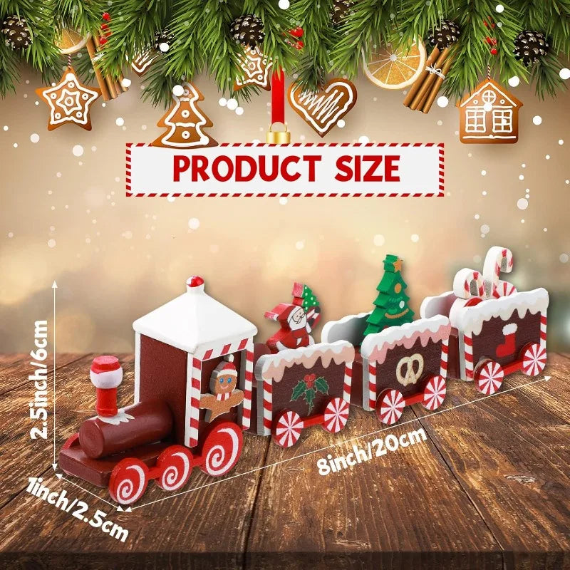 Wooden toy train set with Christmas decorations and product size measurement on a wooden surface.