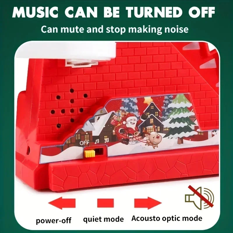 Red electronic device with Christmas design, power-off, quiet mode, and acousto optic mode indicators on a green background.