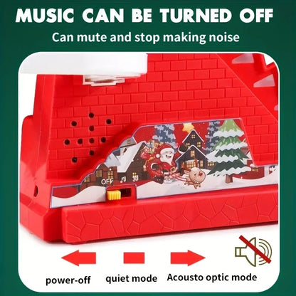 Red electronic device with Christmas design, power-off, quiet mode, and acousto optic mode indicators on a green background.