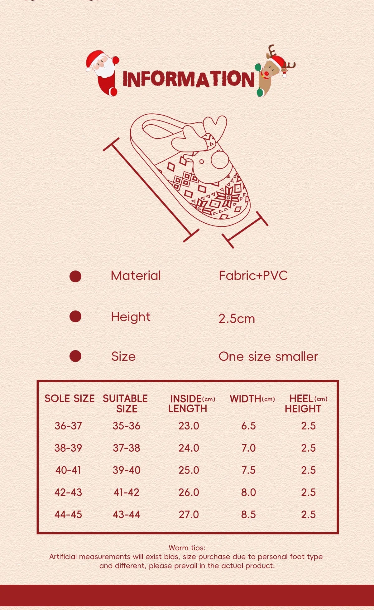 Product information card with a sandal illustration, material details, height, and size chart on a beige background.