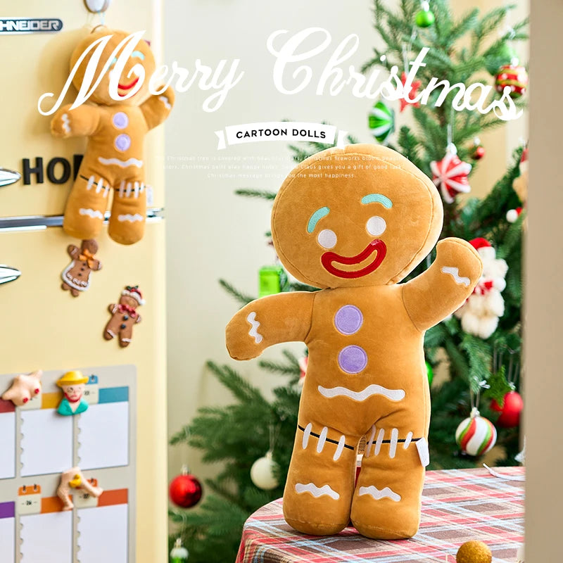 Gingerbread man plush toy with Christmas tree and decorations in the background