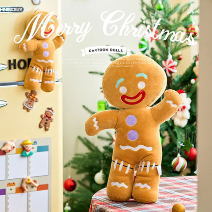 Gingerbread man plush toy with Christmas tree and decorations in the background