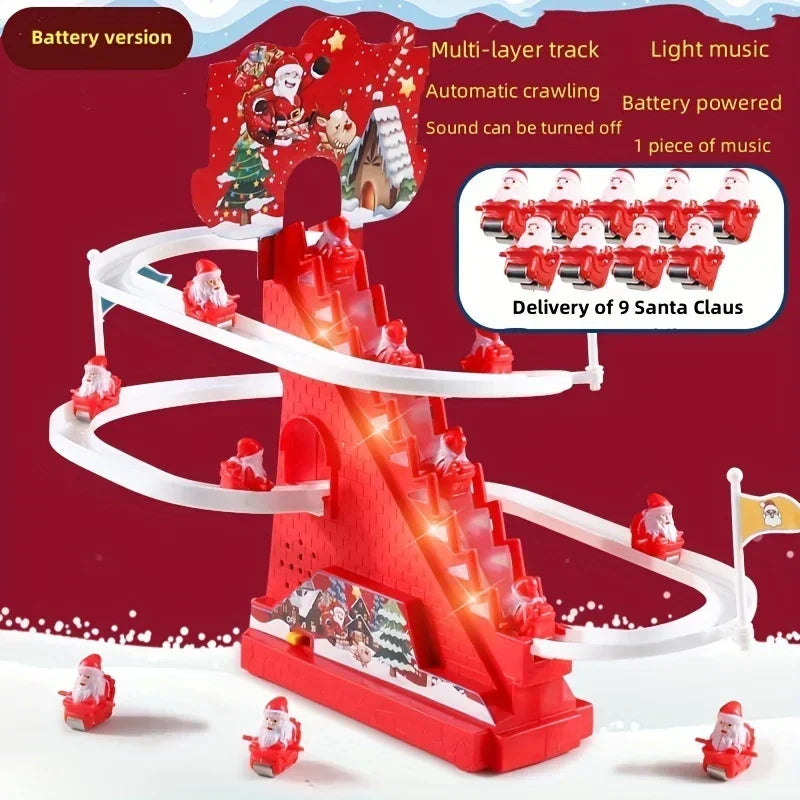 Red toy track with Santa Claus figures on a red background