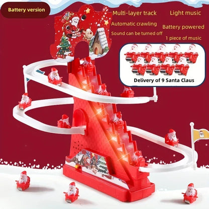 Red toy track with Santa Claus figures on a red background