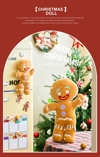 Gingerbread doll with a Christmas tree and decorations in the background