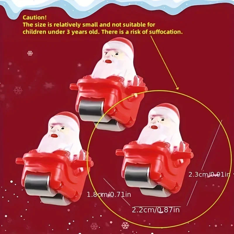 Three small Santa Claus figurines on red background with size measurements and warning text.