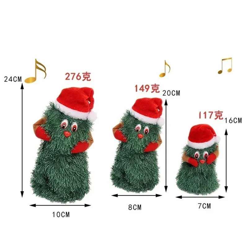 Three green plush toys with red hats and measurements on a white background