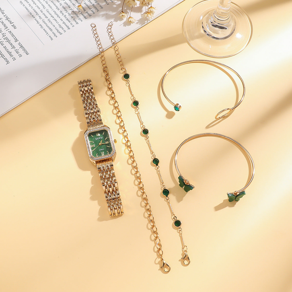 Wild Emerald Square Watch and Butterfly Bracelets 5pcs Set